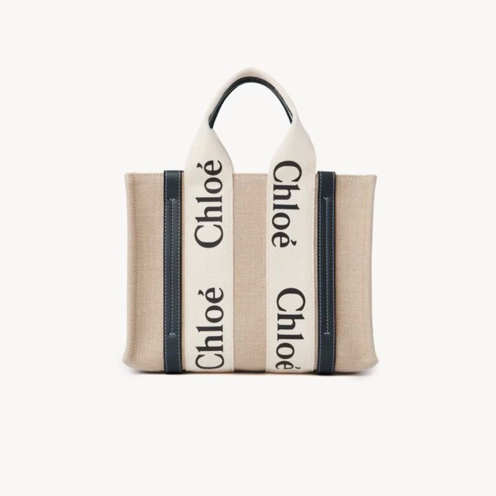 Chloé Beige Canvas Mini Woody Tote with Blue Trim and Logo Straps - Picture 8 of 10